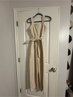 Sage Cream Wide-Strap Denim-Blend Jumpsuit with Tie Belt